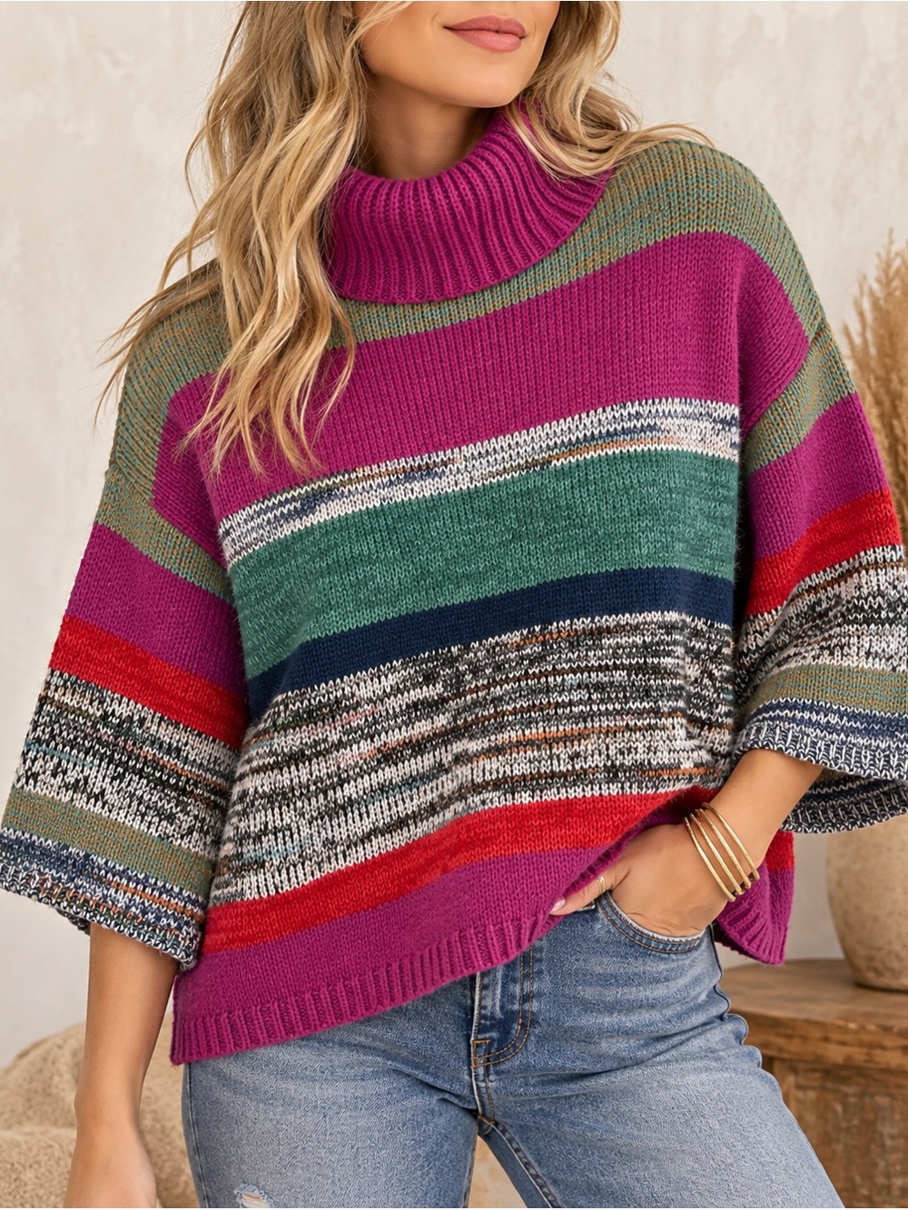 Knox Rose Multicolor Striped Turtleneck 3/4 Sleeve Sweater Medium